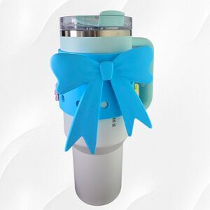 Pool Blue Jumbo Princess Ribbon Bow Silicone Tumbler Sleeve  - Fits Stanley